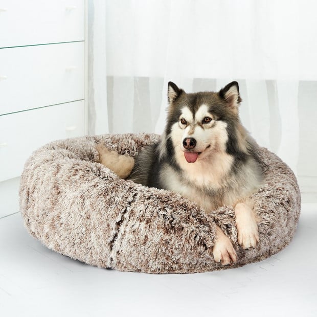Pet Bed Cat Dog Donut Nest Calming Mat Soft Plush Kennel Coffee M Image 8