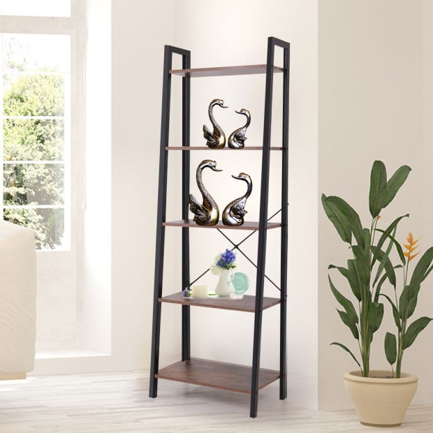 5 Tier Bookshelf Industrial Ladder Shelf Wooden Storage Display Rack Image 8
