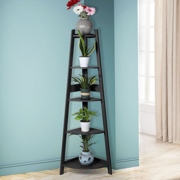 5 Tier Corner Shelf Wooden Storage Home Display Rack Plant Stand Black Image 8