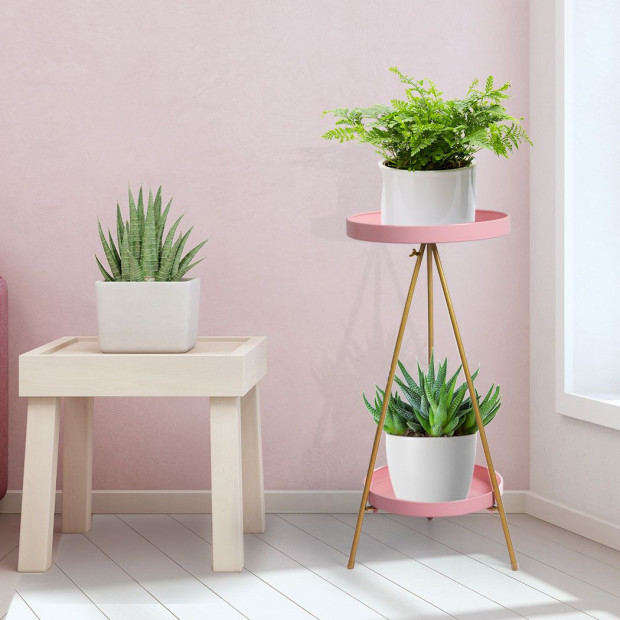Plant Stand 2 Tiers Outdoor Indoor Metal Flower Pots Rack Garden Pink Image 8