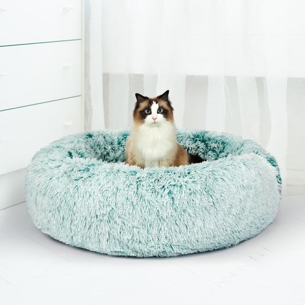 Pet Bed Cat Dog Donut Nest Calming Mat Soft Plush Kennel Teal XL Image 8