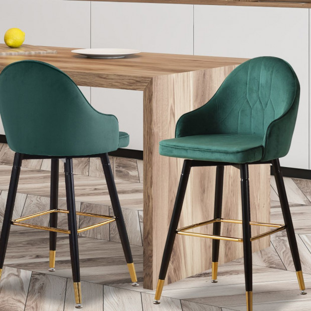 2x Bar Stools Stool Kitchen Chairs Swivel Velvet Barstools Green Image 8