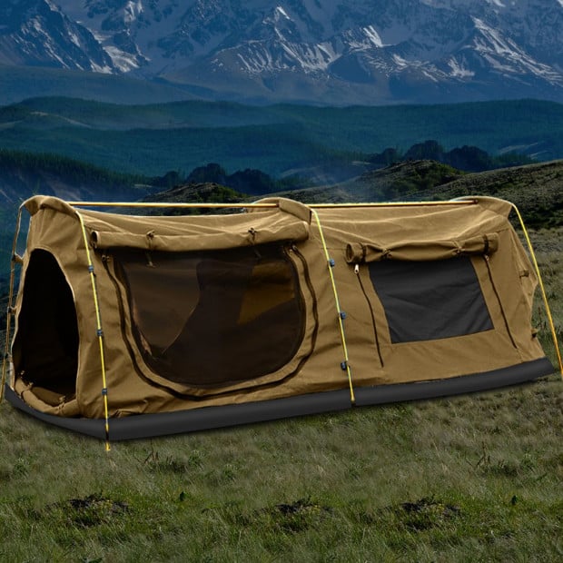 Double King Swag Camping Swags Canvas Dome Tent Hiking Mattress Khaki Image 7