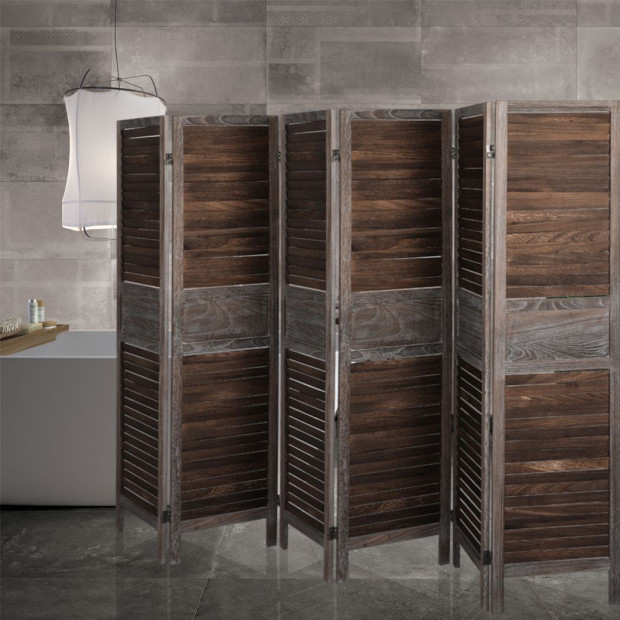6 Panel Room Divider Folding Screen Privacy Dividers Stand Paulownia Wood Brown Image 8