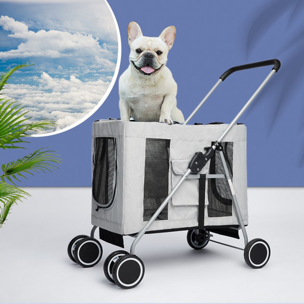Pet Stroller Dog Cat Puppy Pram Travel Carrier 4 Wheels Foldable Grey Image 7