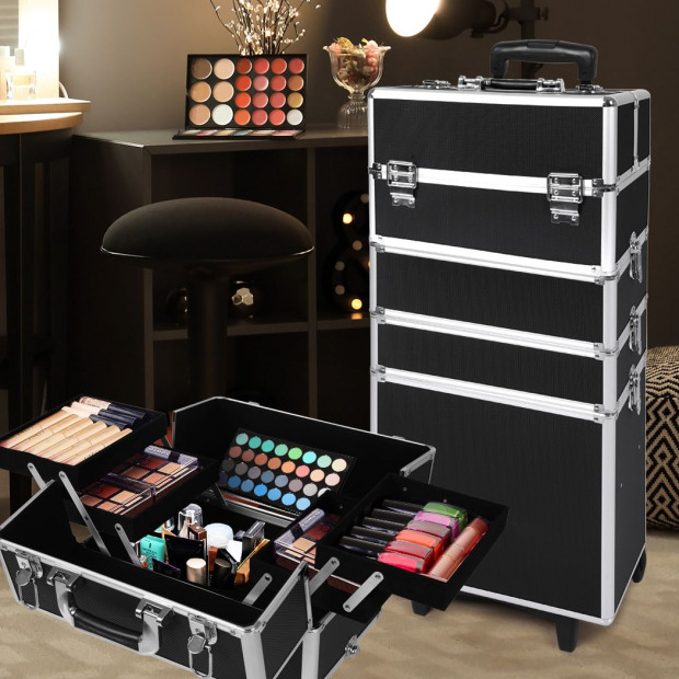 Makeup Case Professional Makeup Organiser 7 in 1 Trolley Black White Image 7