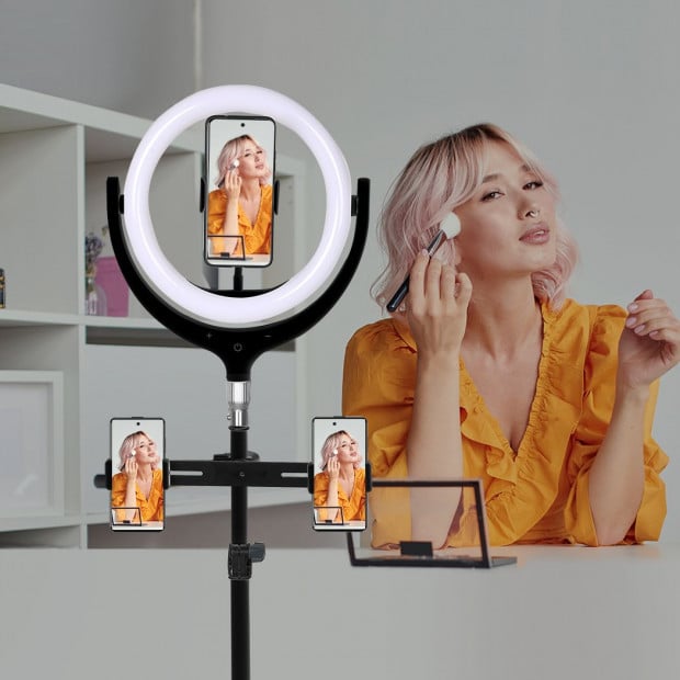12 LED Ring Light with Tripod Stand Phone Holder Dimmable Selfie Lamp - Black Image 7