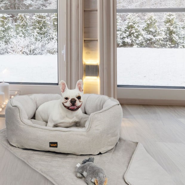 Pet Bed Set Dog Cat Quilted Blanket w/ Toy Warm Soft Nest Beige L Image 8