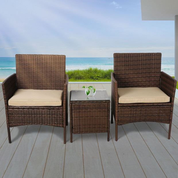 Outdoor Furniture Garden 3 Pcs Chair Table Rattan Wicker Seat Brown Image 8