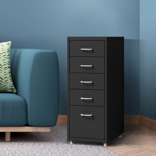 5 Drawers Portable Cabinet Storage Steel Stackable Organiser Black Image 7