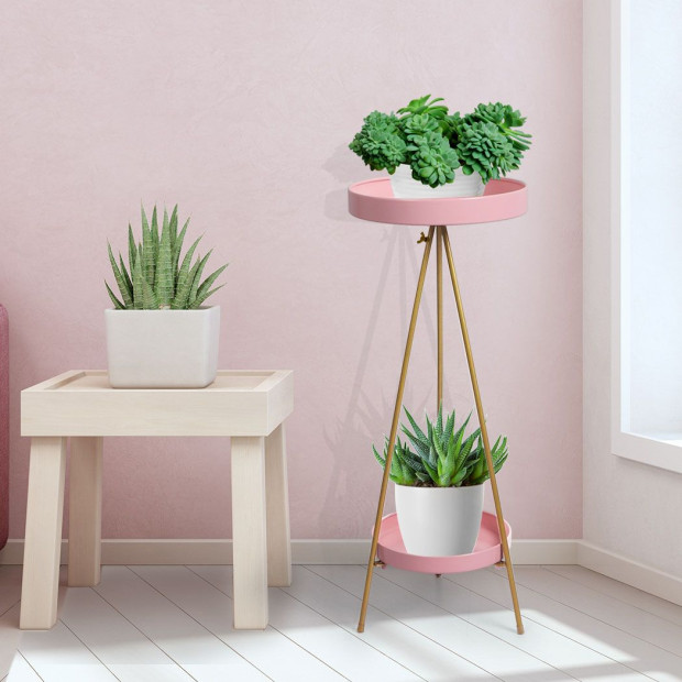 Plant Stand 2 Tiers Outdoor Indoor Metal Flower Pots Rack Garden Pink Image 8