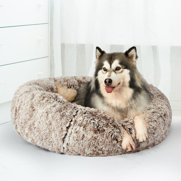Pet Bed Cat Dog Donut Nest Calming Mat Soft Plush Kennel Brown Size M Image 8