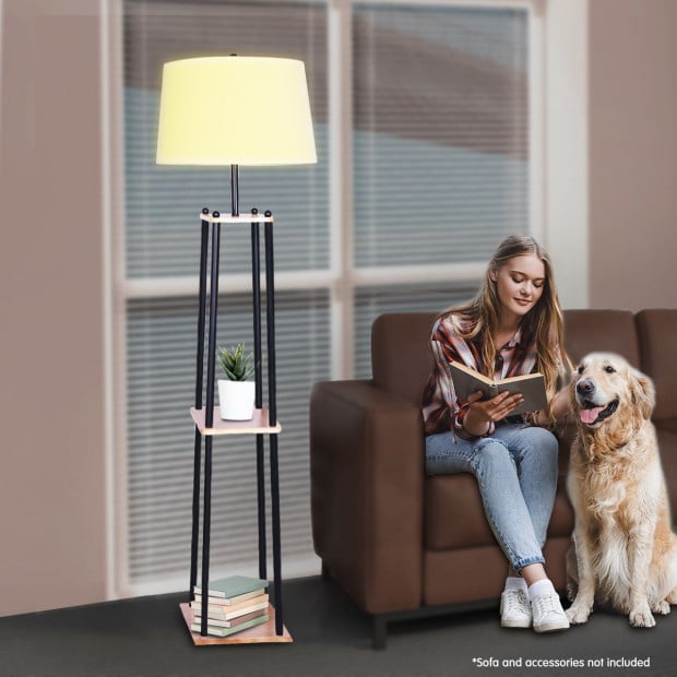 Sarantino Etagere Floor Lamp with Wood shelf & Cream Linen Fabric Shade Image 3