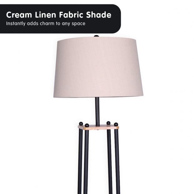 Sarantino Etagere Floor Lamp with Wood shelf & Cream Linen Fabric Shade Image 4