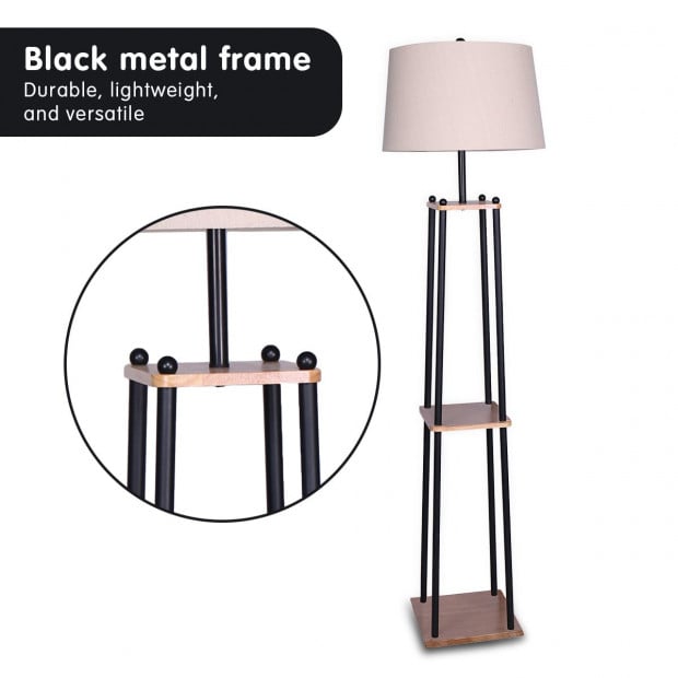 Sarantino Etagere Floor Lamp with Wood shelf & Cream Linen Fabric Shade Image 5