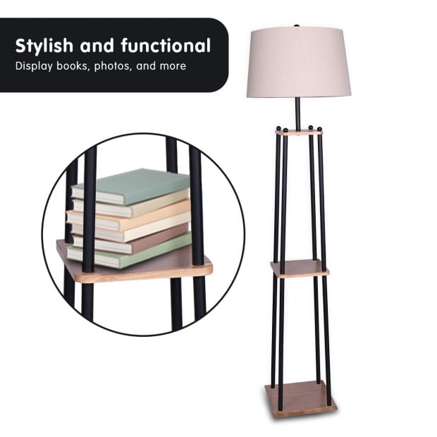 Sarantino Etagere Floor Lamp with Wood shelf & Cream Linen Fabric Shade Image 6