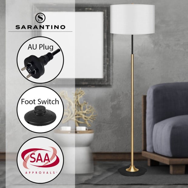 Sarantino Metal Floor Lamp in Brushed Brass Finish White Linen Shade Image 9