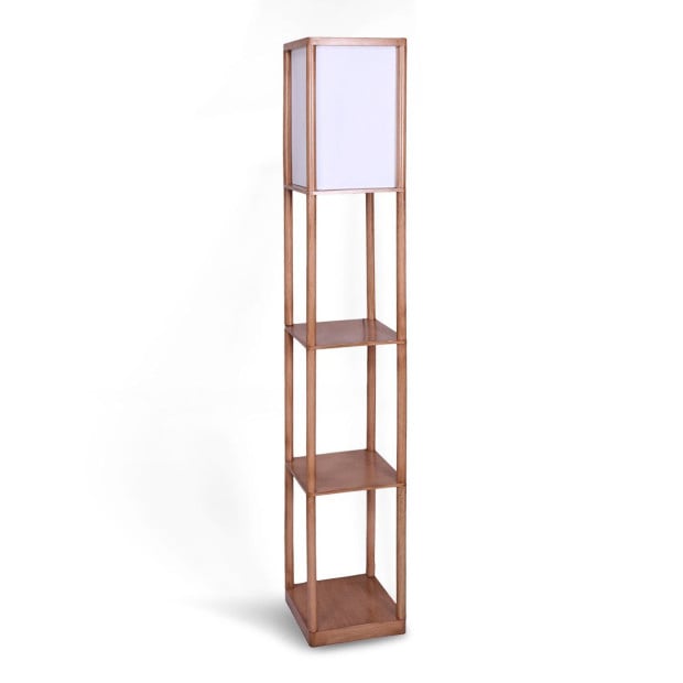 Sarantino Etagere Floor Lamp Off-White Fabric Shade in Wood Finish Image 2