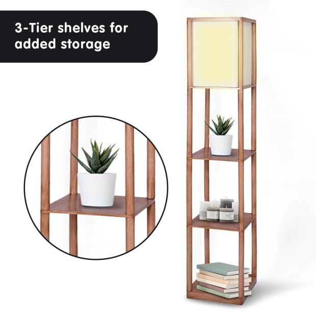 Sarantino Etagere Floor Lamp Off-White Fabric Shade in Wood Finish Image 5