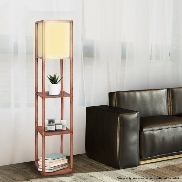 Sarantino Etagere Floor Lamp Off-White Fabric Shade in Wood Finish Image 6