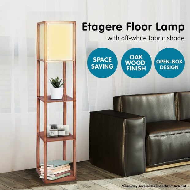 Sarantino Etagere Floor Lamp Off-White Fabric Shade in Wood Finish