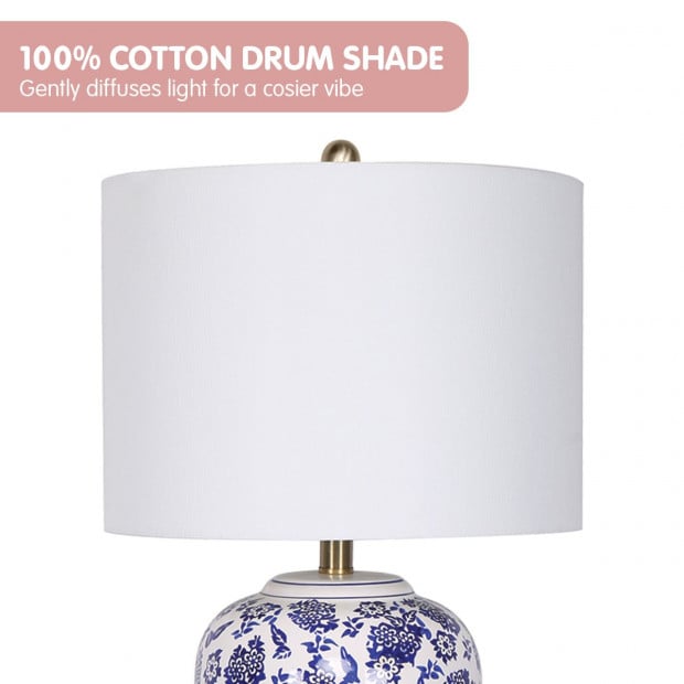 Sarantino Table Lamp Ceramic Floral Base Cotton Drum Shade Image 4