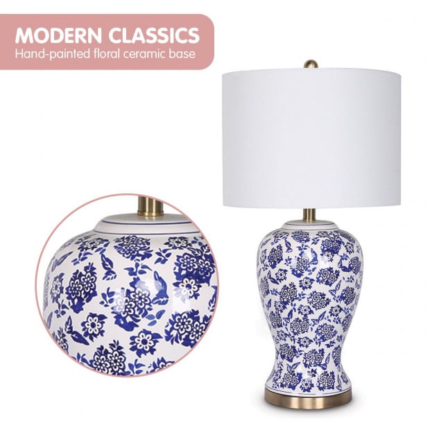 Sarantino Table Lamp Ceramic Floral Base Cotton Drum Shade Image 5