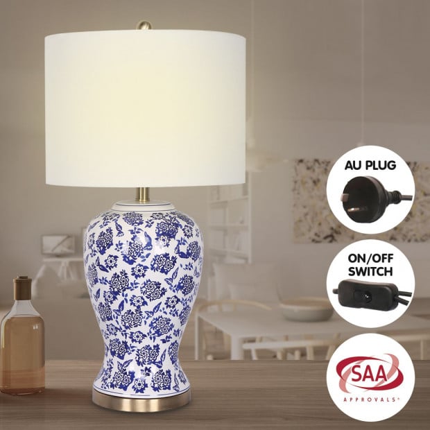 Sarantino Table Lamp Ceramic Floral Base Cotton Drum Shade Image 6
