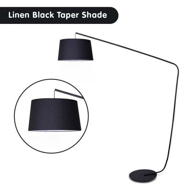 Sarantino Metal Arc Floor Lamp in Black Finish Linen Taper Shade Image 3