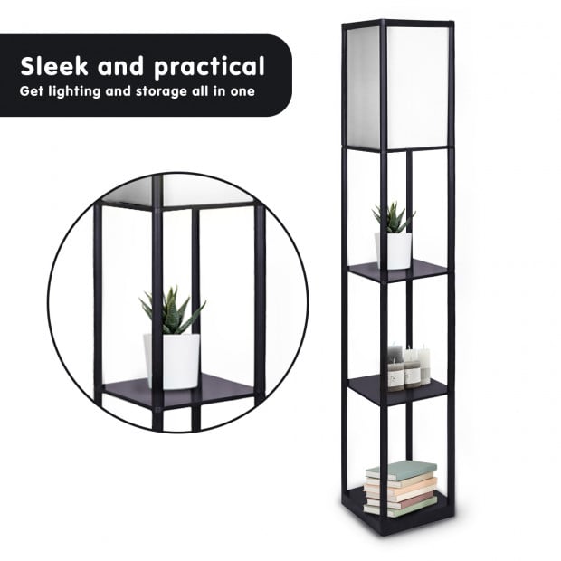 Sarantino Etagere Floor Lamp Shelves in Black Frame with Fabric Shade Image 3