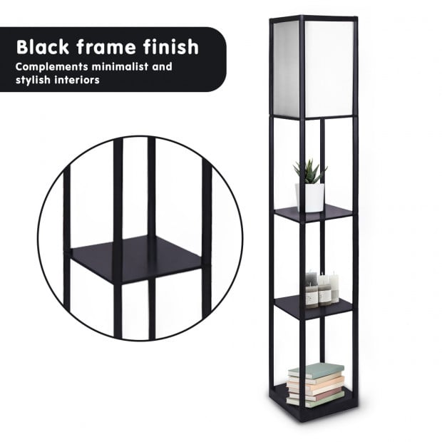 Sarantino Etagere Floor Lamp Shelves in Black Frame with Fabric Shade Image 2