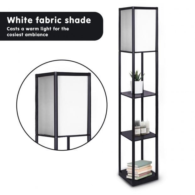 Sarantino Etagere Floor Lamp Shelves in Black Frame with Fabric Shade Image 4