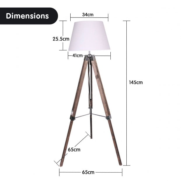 Sarantino Solid Wood Tripod Floor Lamp Adjustable Height White Shade Image 2
