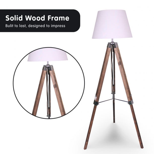 Sarantino Solid Wood Tripod Floor Lamp Adjustable Height White Shade Image 3