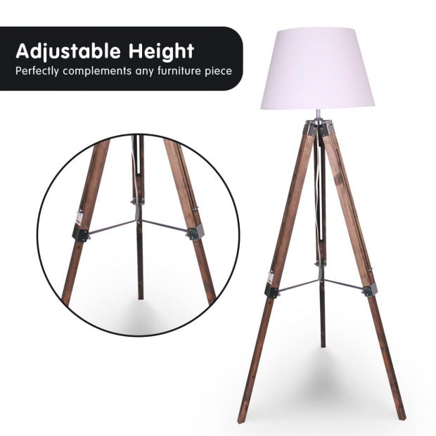 Sarantino Solid Wood Tripod Floor Lamp Adjustable Height White Shade Image 4