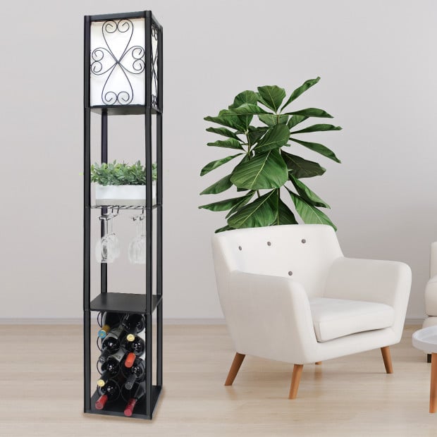 Sarantino Metal Etagere Floor Lamp with Wine Holder Shelf Image 6