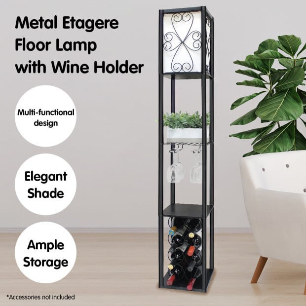 Sarantino Metal Etagere Floor Lamp with Wine Holder Shelf Image 7