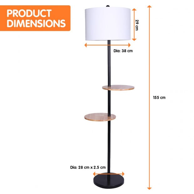 Sarantino Metal Floor Lamp Shade with Black Post in Round Wood Shelves Image 2