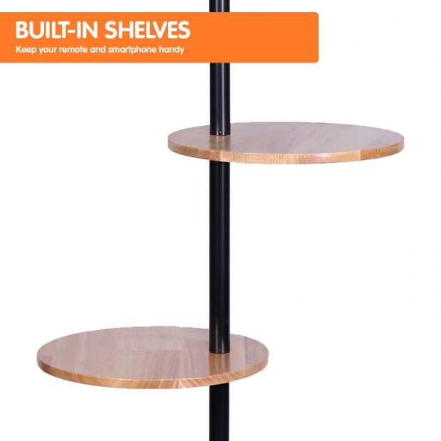 Sarantino Metal Floor Lamp Shade with Black Post in Round Wood Shelves Image 4