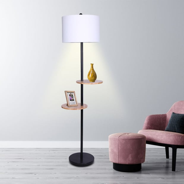 Sarantino Metal Floor Lamp Shade with Black Post in Round Wood Shelves Image 5