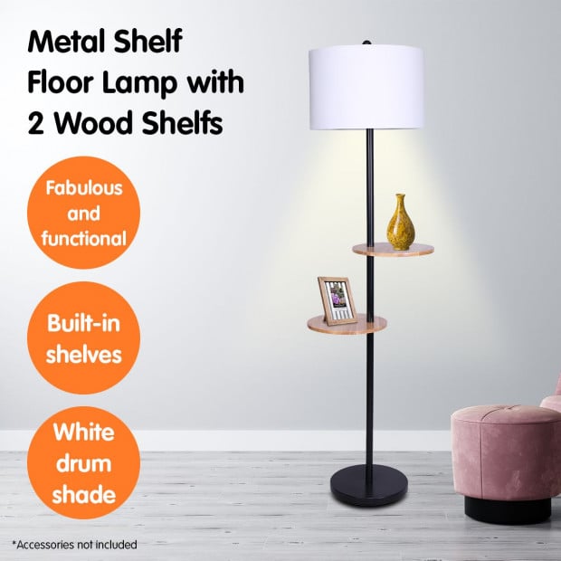 Sarantino Metal Floor Lamp Shade with Black Post in Round Wood Shelves Image 6