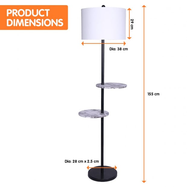 Sarantino Metal Floor Lamp Shade Black Post in Marble Finish Shelves Image 2