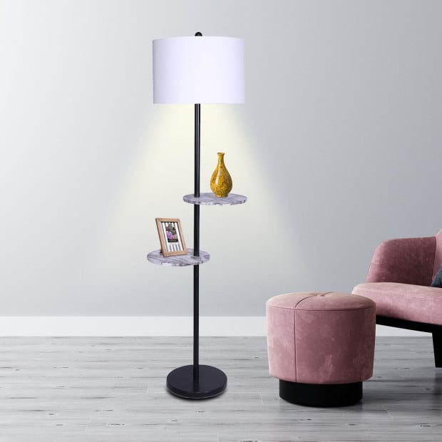 Sarantino Metal Floor Lamp Shade Black Post in Marble Finish Shelves Image 5