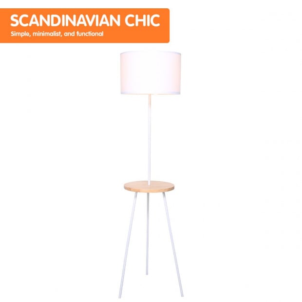 Sarantino Metal Tripod Floor Lamp Shade with Wooden Table Shelf Image 4