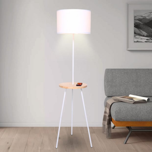 Sarantino Metal Tripod Floor Lamp Shade with Wooden Table Shelf Image 6