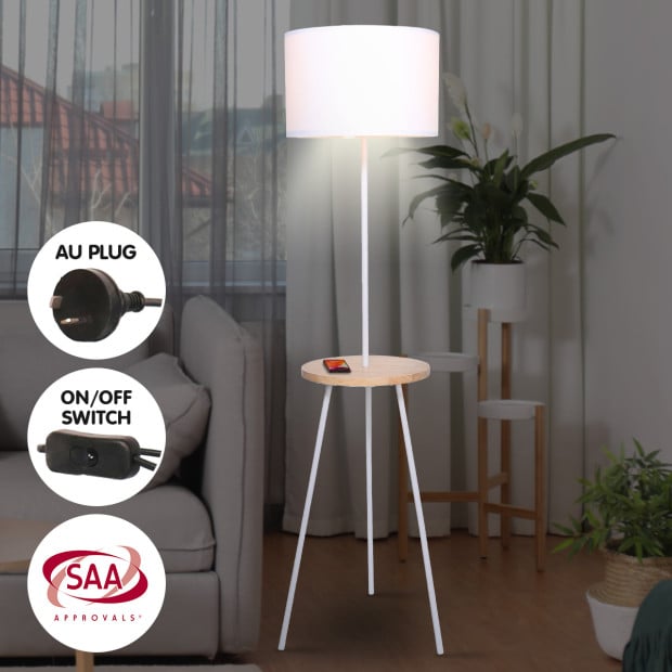 Sarantino Metal Tripod Floor Lamp Shade with Wooden Table Shelf Image 7