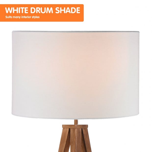 Sarantino Metal Tripod Floor Spot Lamp Shade Drum in Wooden Finish Image 3