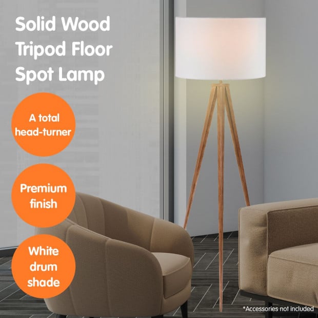 Sarantino Metal Tripod Floor Spot Lamp Shade Drum in Wooden Finish Image 7