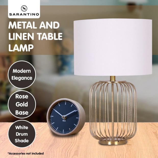 Sarantino Rose Gold Table Lamp with Linen Drum Shade Image 7