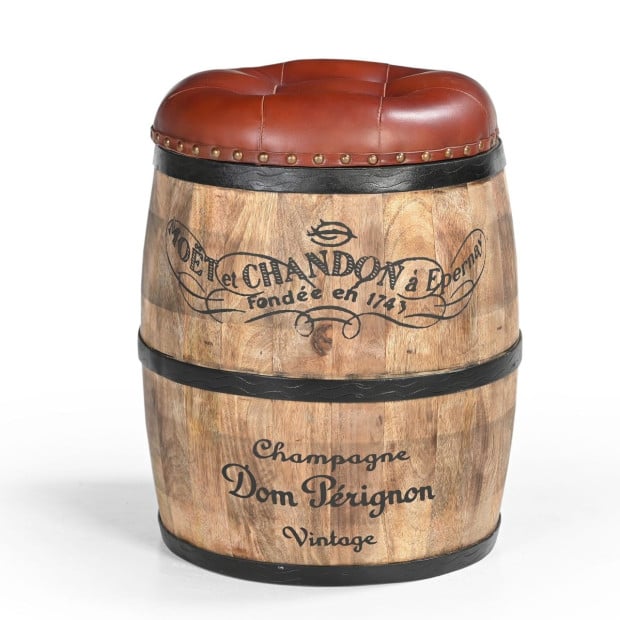 Cylindrical Moet Chandon Leather Ottoman Mango Wood Goat Leather